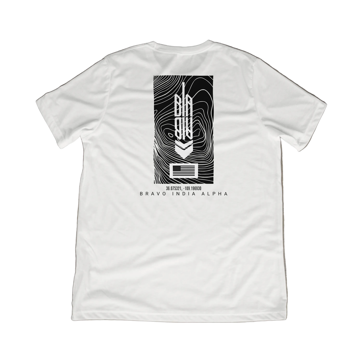 White t-shirt with black graphic design on a textured GRID.