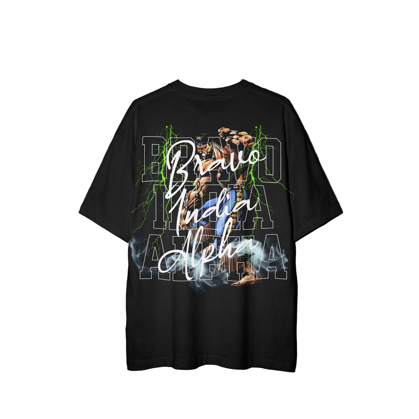 Black t-shirt with graphic design and text.