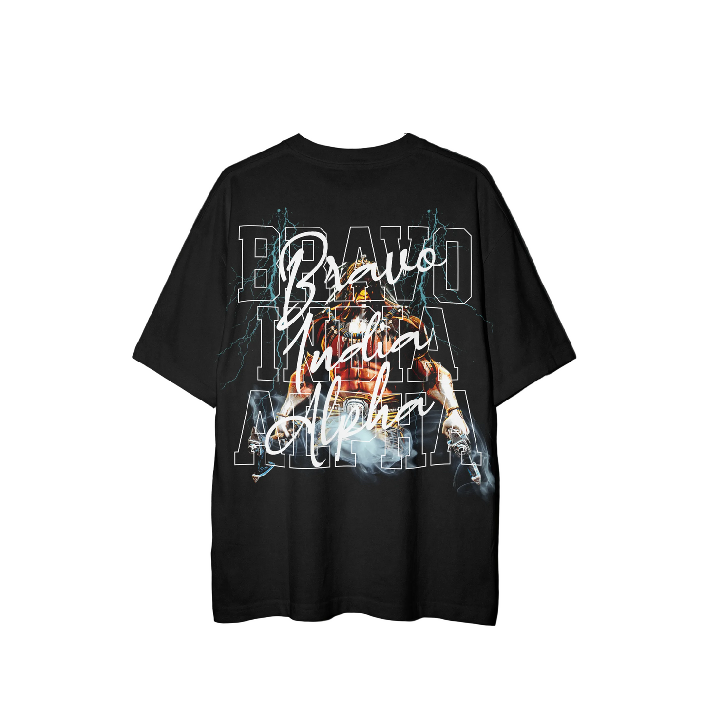 Black t-shirt with graphic design and text.