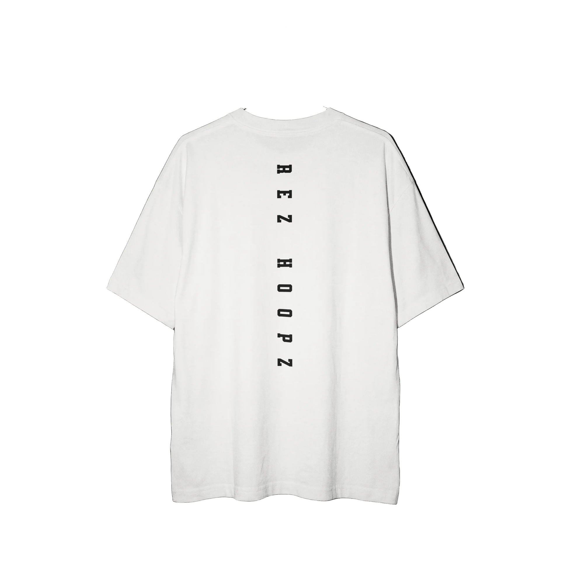 White t-shirt with 'REZ HOOPZ' text.