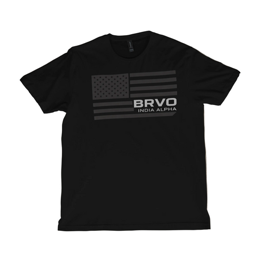 Black t-shirt with a flag design and 'BRVO' text.