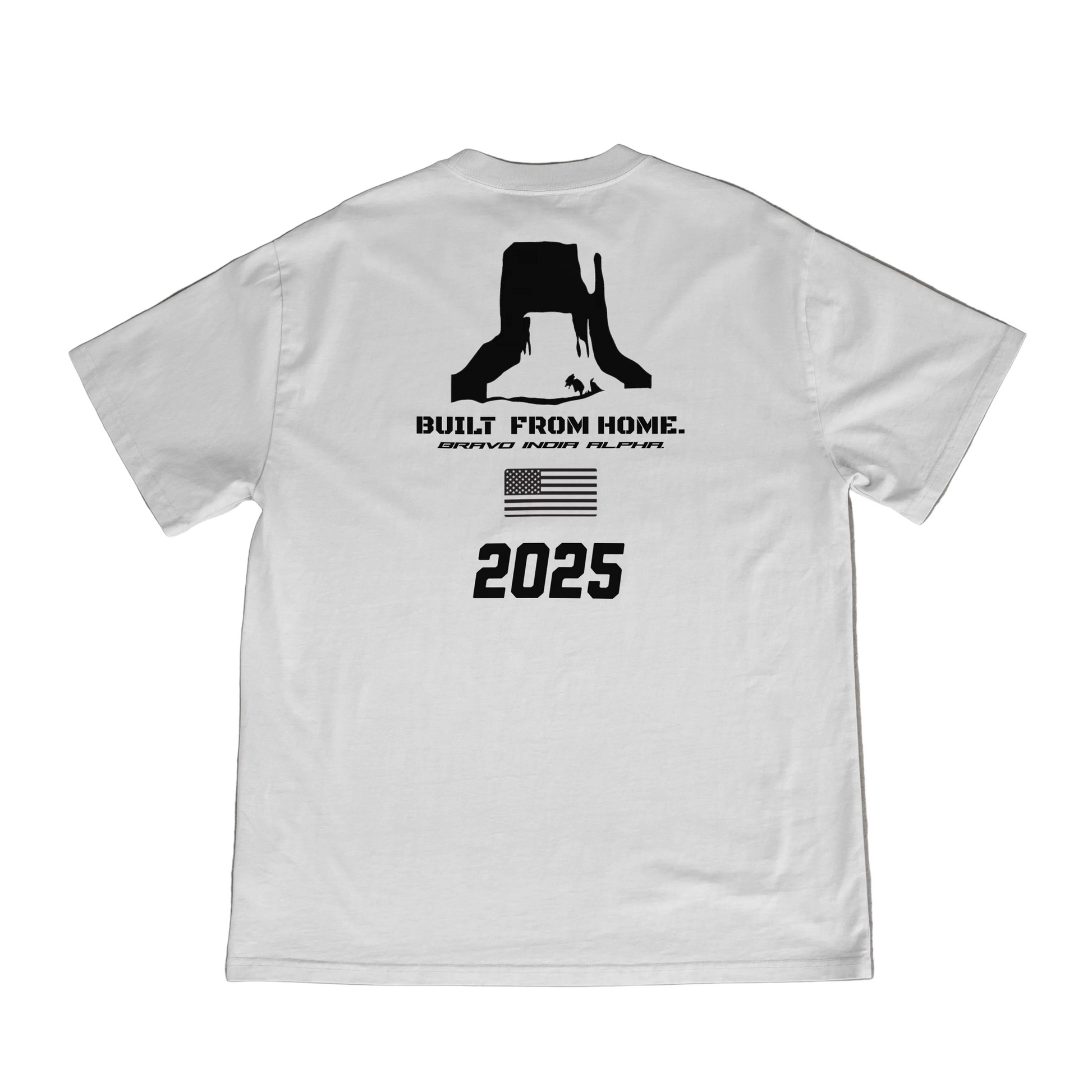 White t-shirt with black graphics and text.