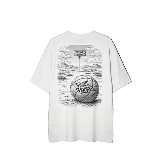 White t-shirt with a graphic design of a basketball and 'Rez Hoopz' text on a GREY background.