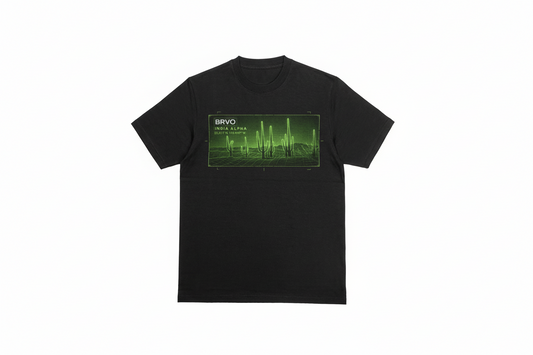Black t-shirt with green graphic design.
