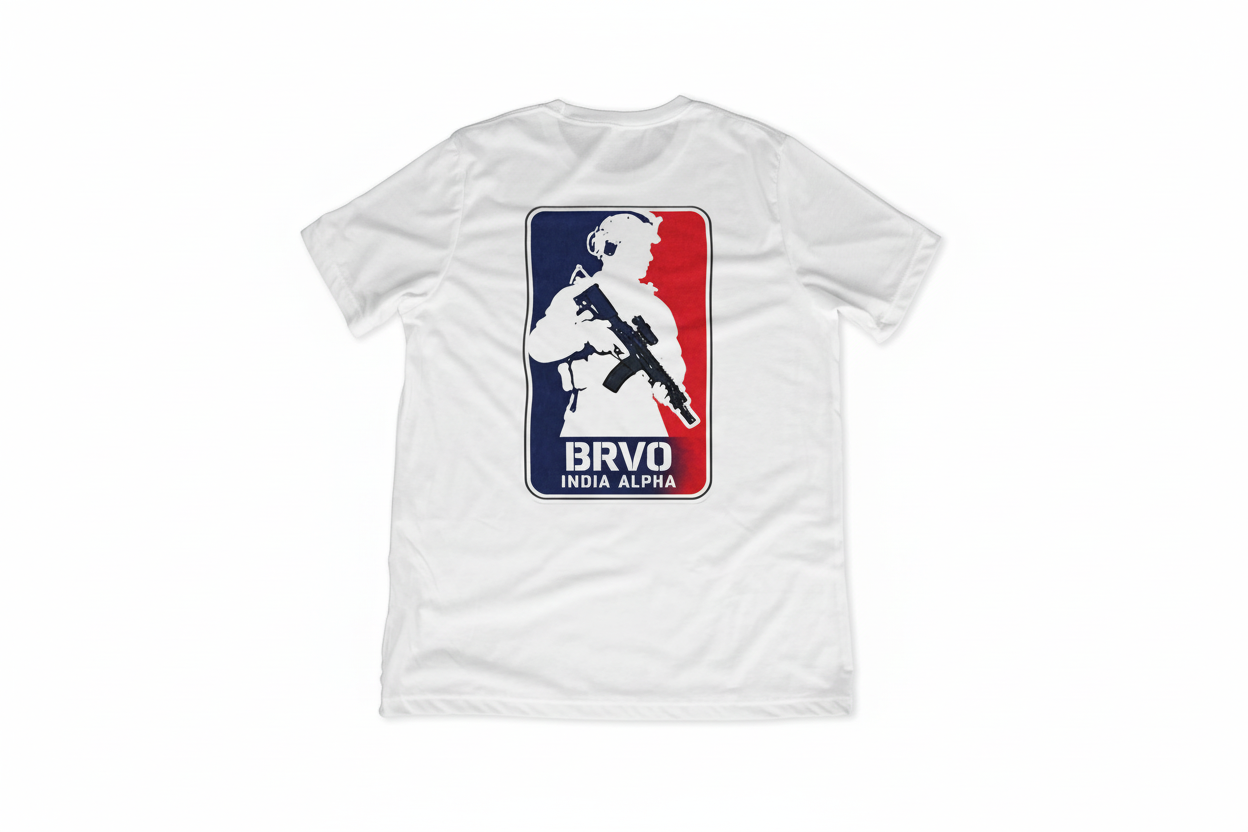White t-shirt with a RED-BLUE graphic design.