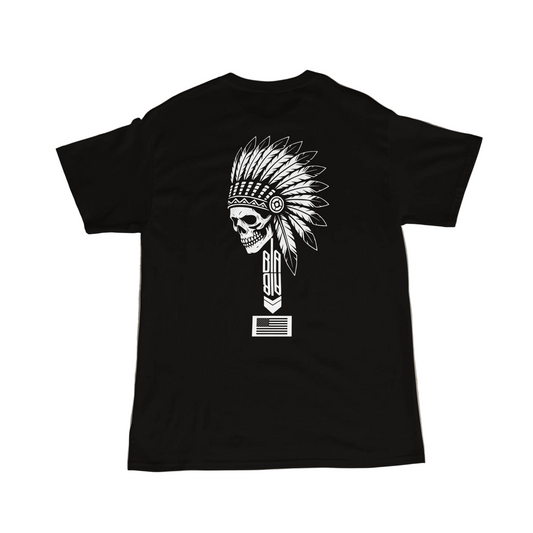 Black t-shirt with a white skull and headdress design on a textured surface