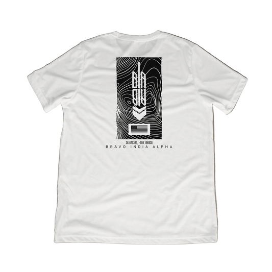 White t-shirt with black graphic design on a textured GRID.