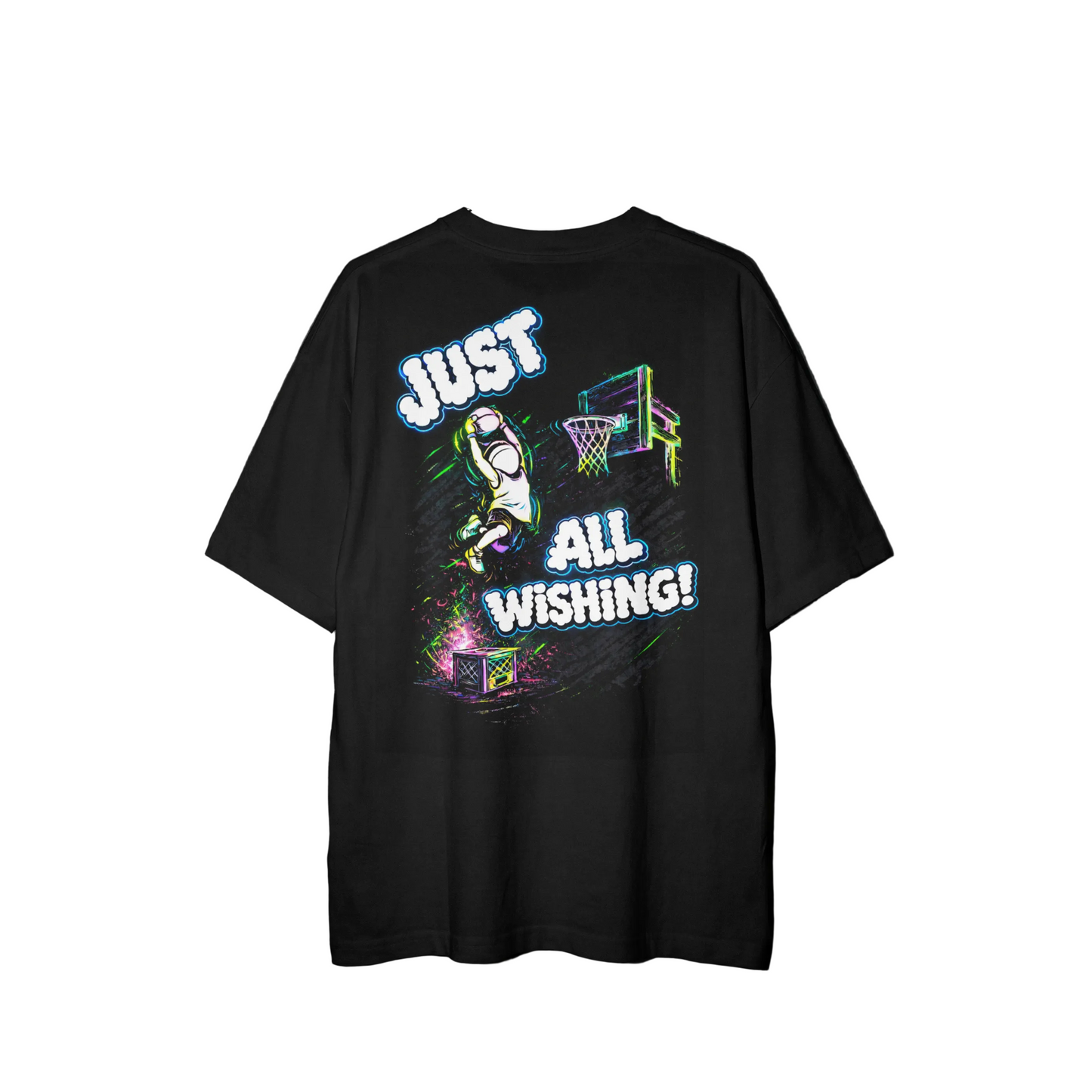 Black t-shirt with colorful graphics and text on a dark background.