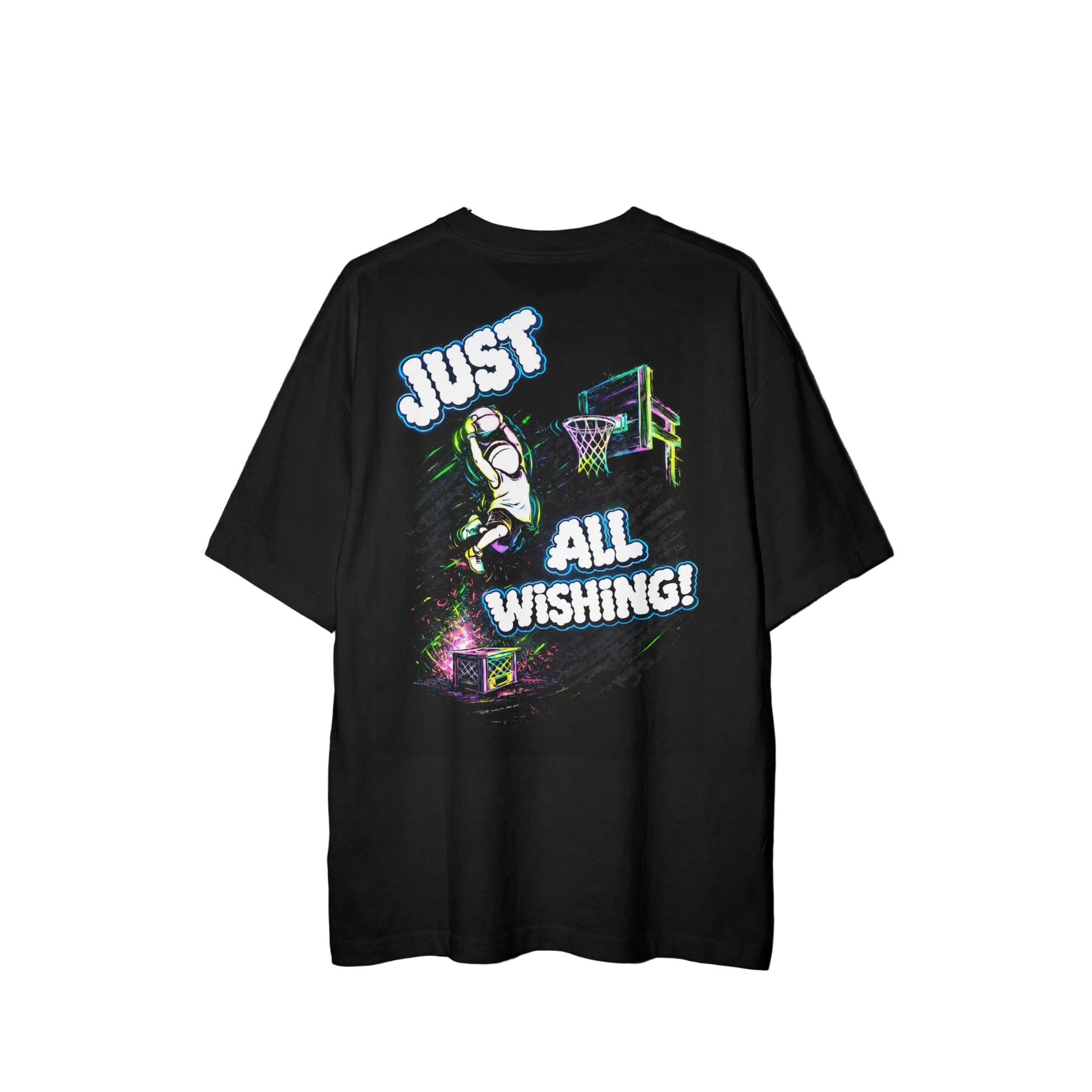 Black t-shirt with colorful graphics and text on a dark background.