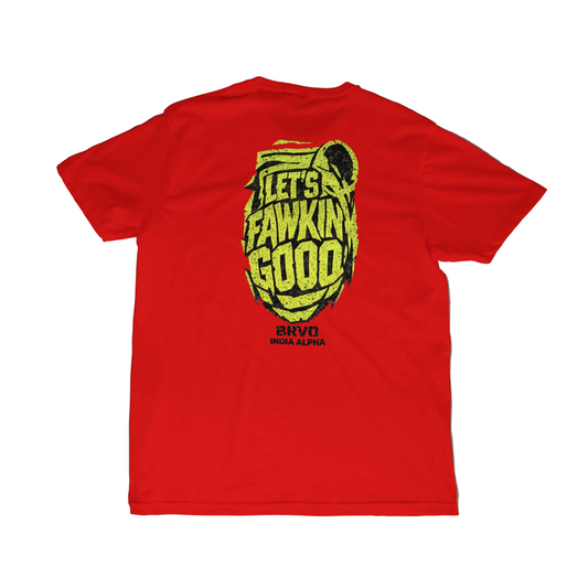 Red t-shirt with yellow and black graphic design.
