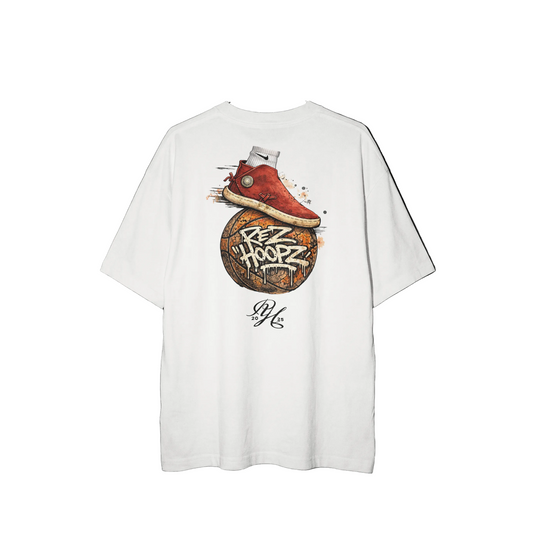 White t-shirt with a graphic of a red MOCCASIN and text.