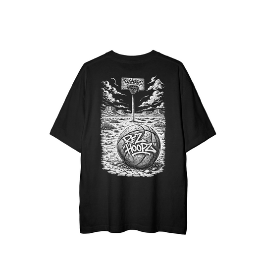 Black t-shirt with graphic design of a basketball and 'Rez Hoopz' text on a dark background.