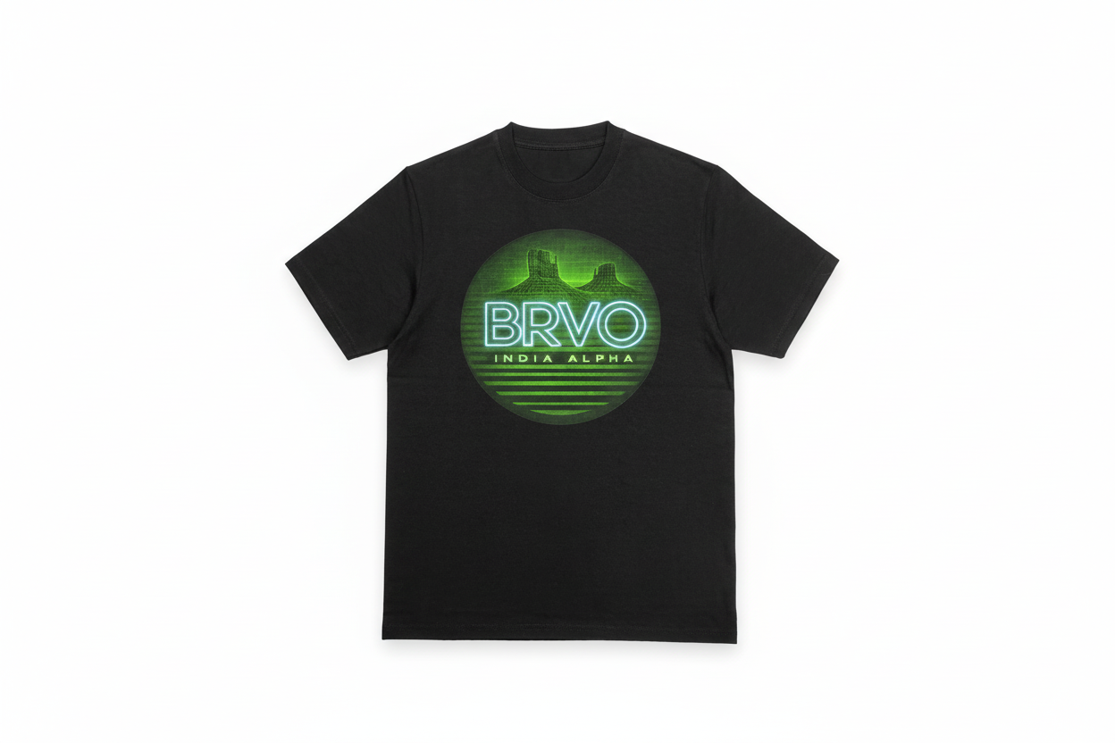Black shirt with green and blue neon glow graphics.