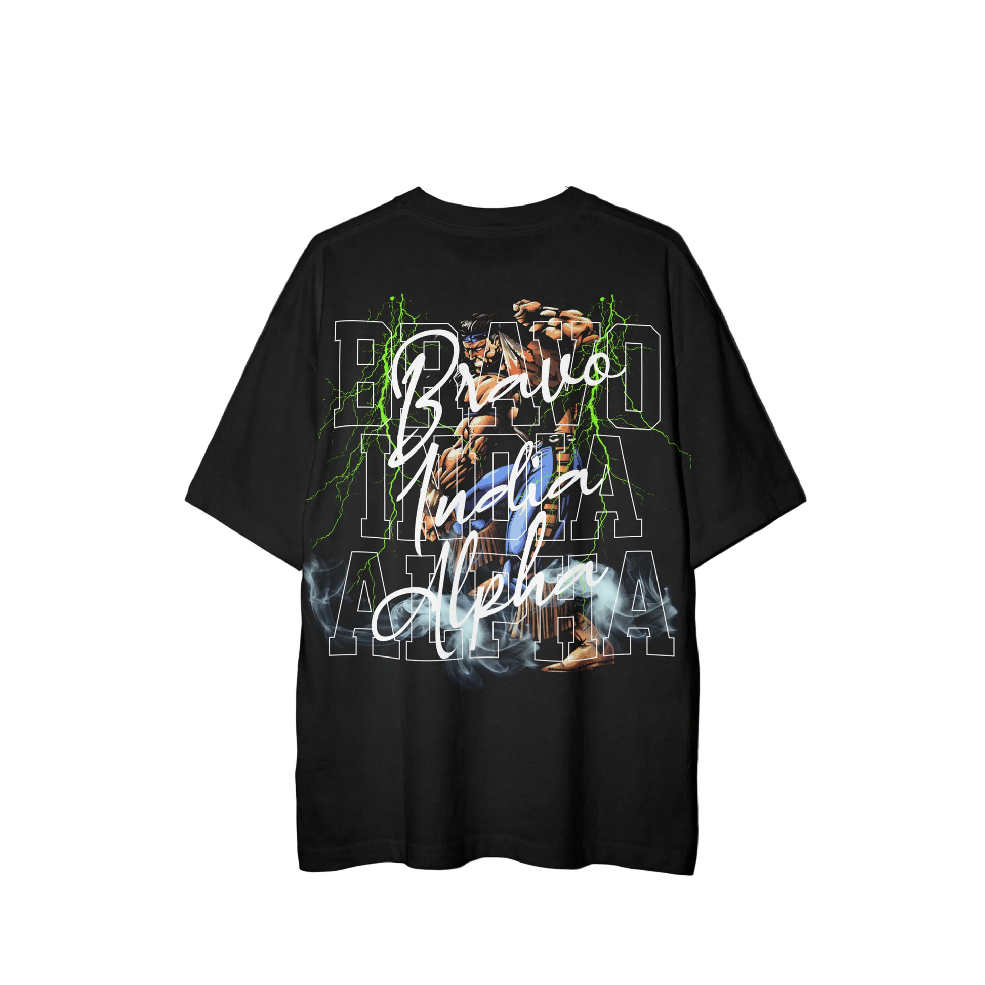 Black t-shirt with graphic design and text.