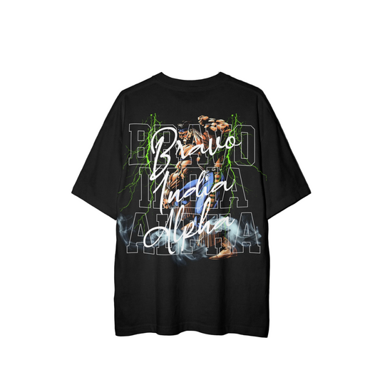 Black t-shirt with graphic design and text.