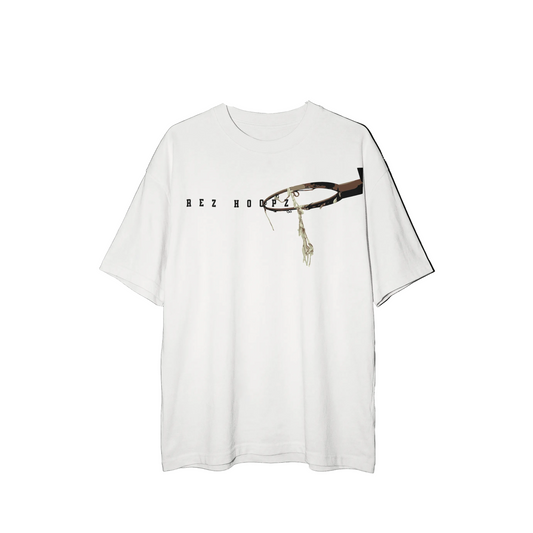White t-shirt with graphic design and text.