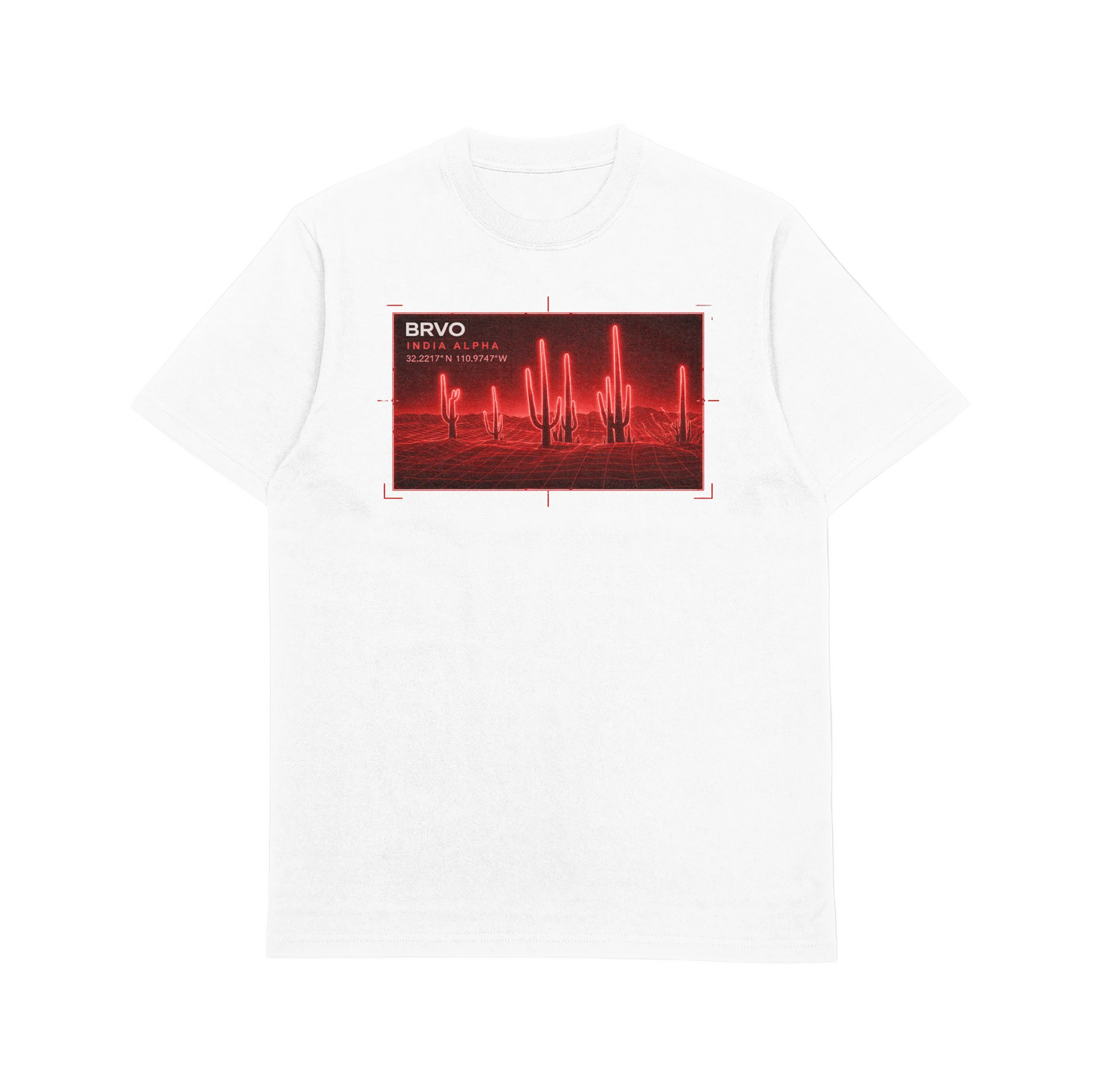 White t-shirt with a red and black graphic design.