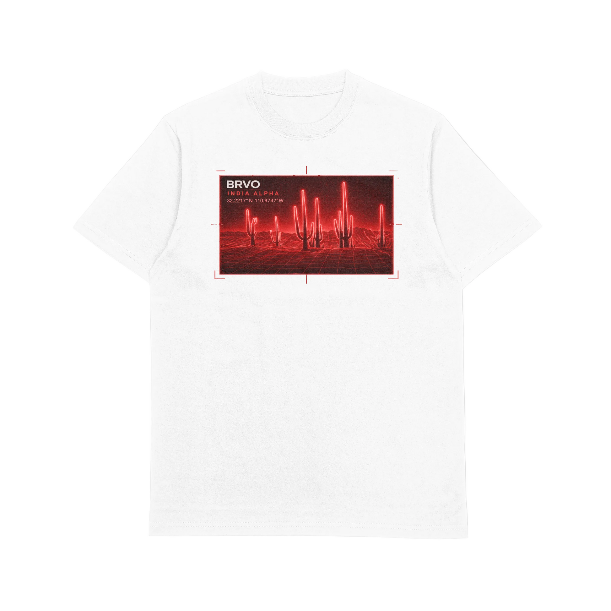White t-shirt with a red and black graphic design.