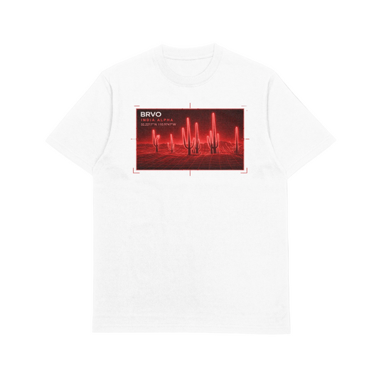 White t-shirt with a red and black graphic design.