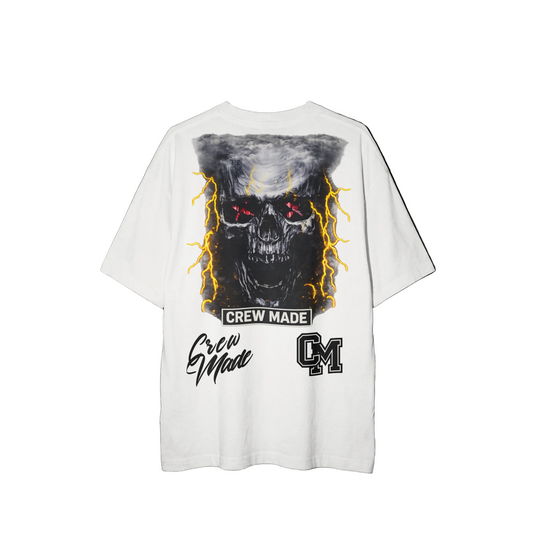 White t-shirt with a graphic design of a skull and text.