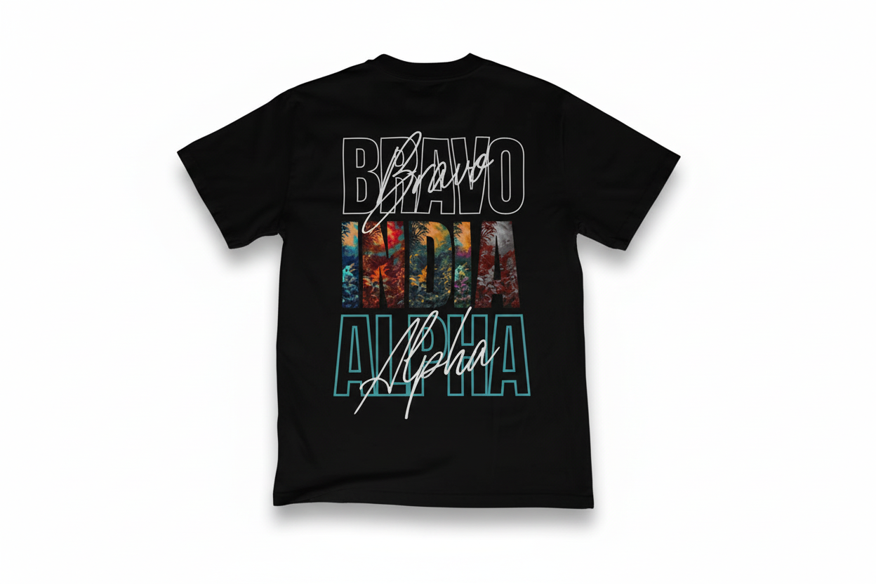 Black t-shirt with colorful text design.