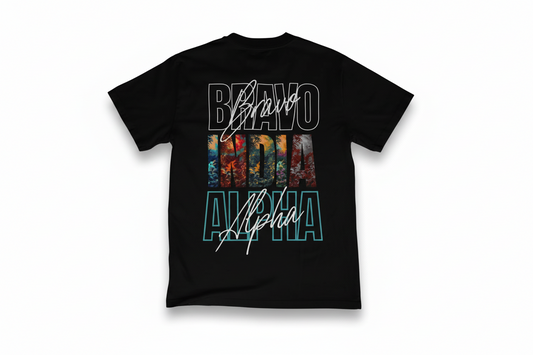 Black t-shirt with colorful text design.