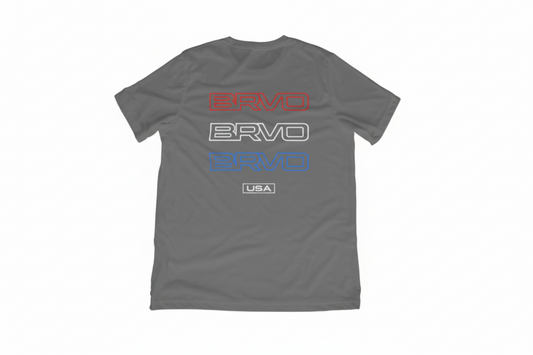 Gray t-shirt with 'BRVO' branding.