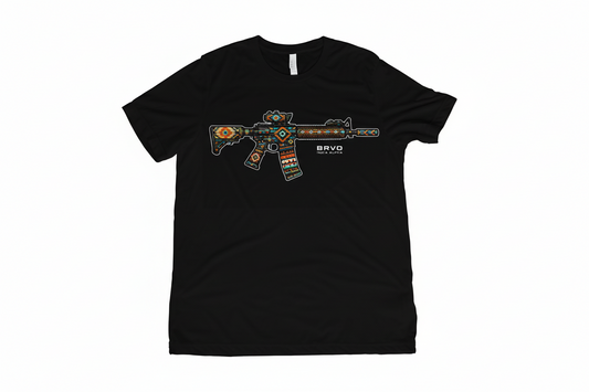 Black t-shirt with a colorful rifle graphic and 'BRAVO' text.