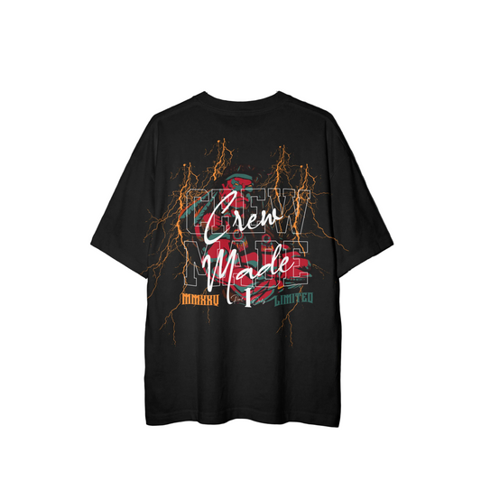Black t-shirt with colorful graphic design.