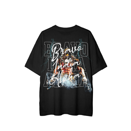 Black t-shirt with graphic design and text.