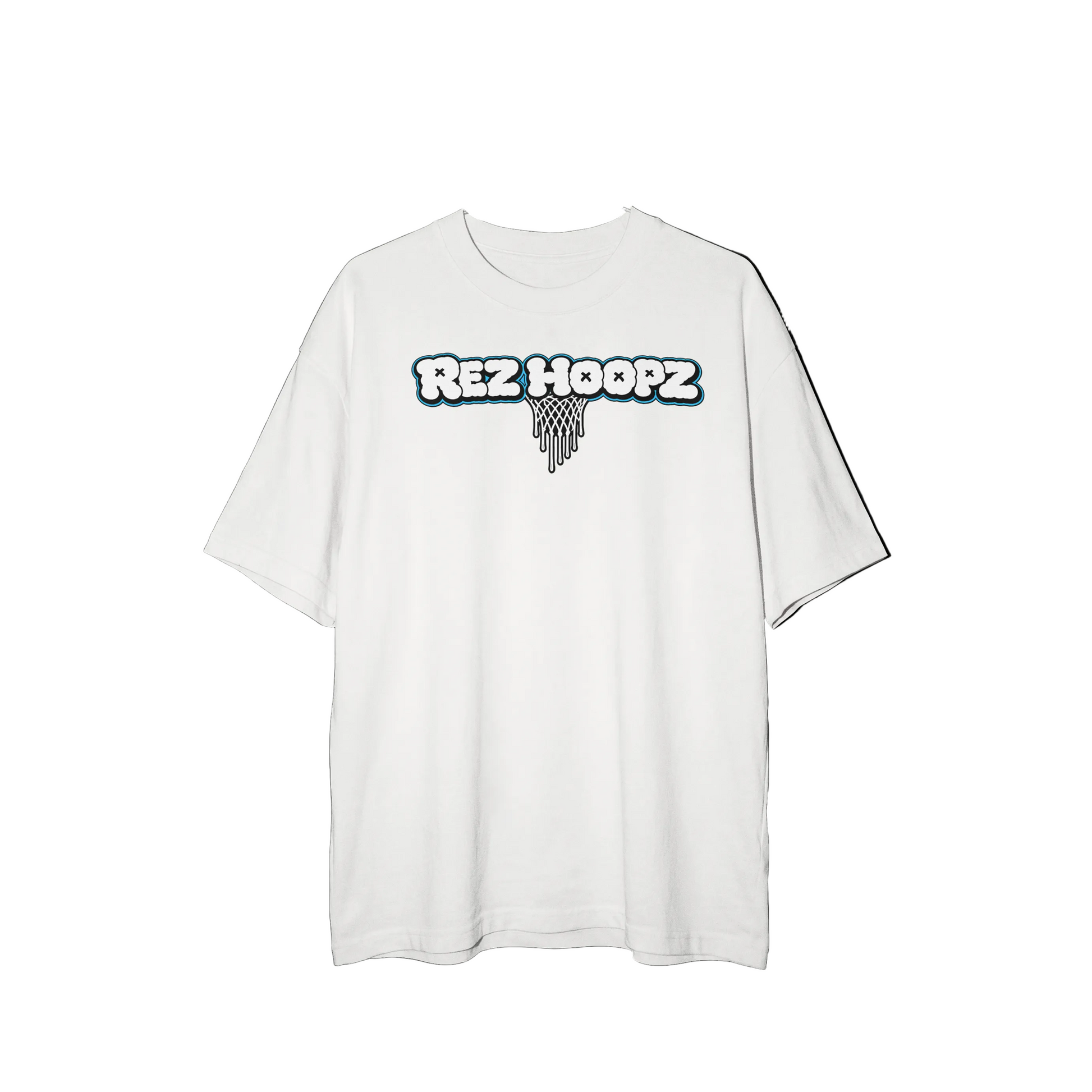 White t-shirt with 'REZ HOOPZ' logo.