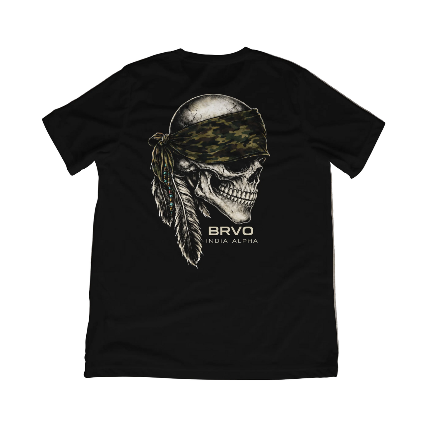Black t-shirt with a skull graphic and 'BRVO'.